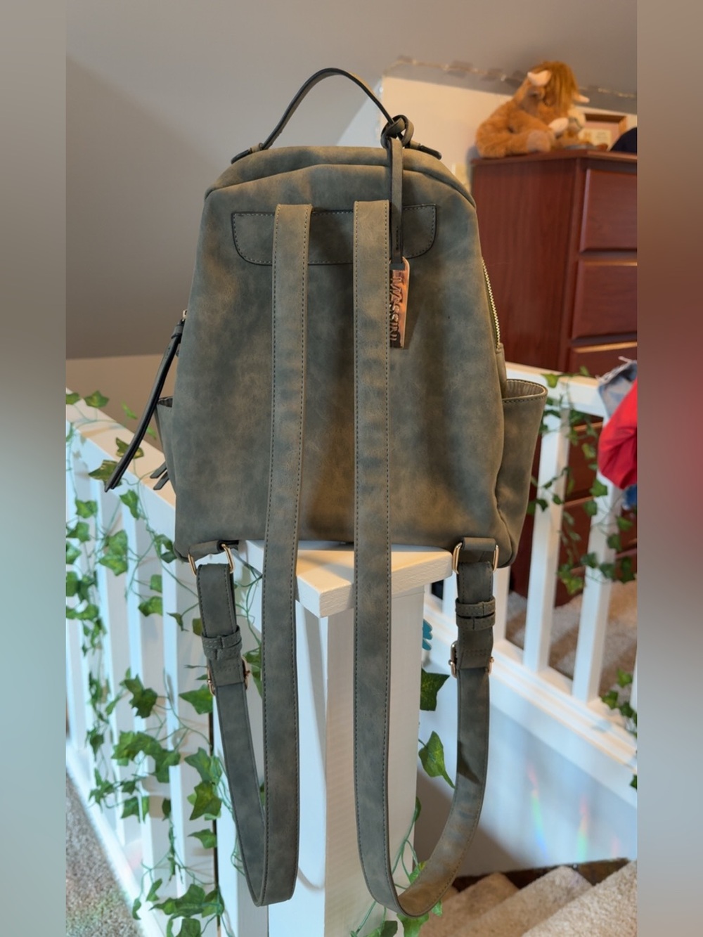 Massini Olive Green Faux Suede/Leather Mini Backpack Purse - Picture 2 of 8
